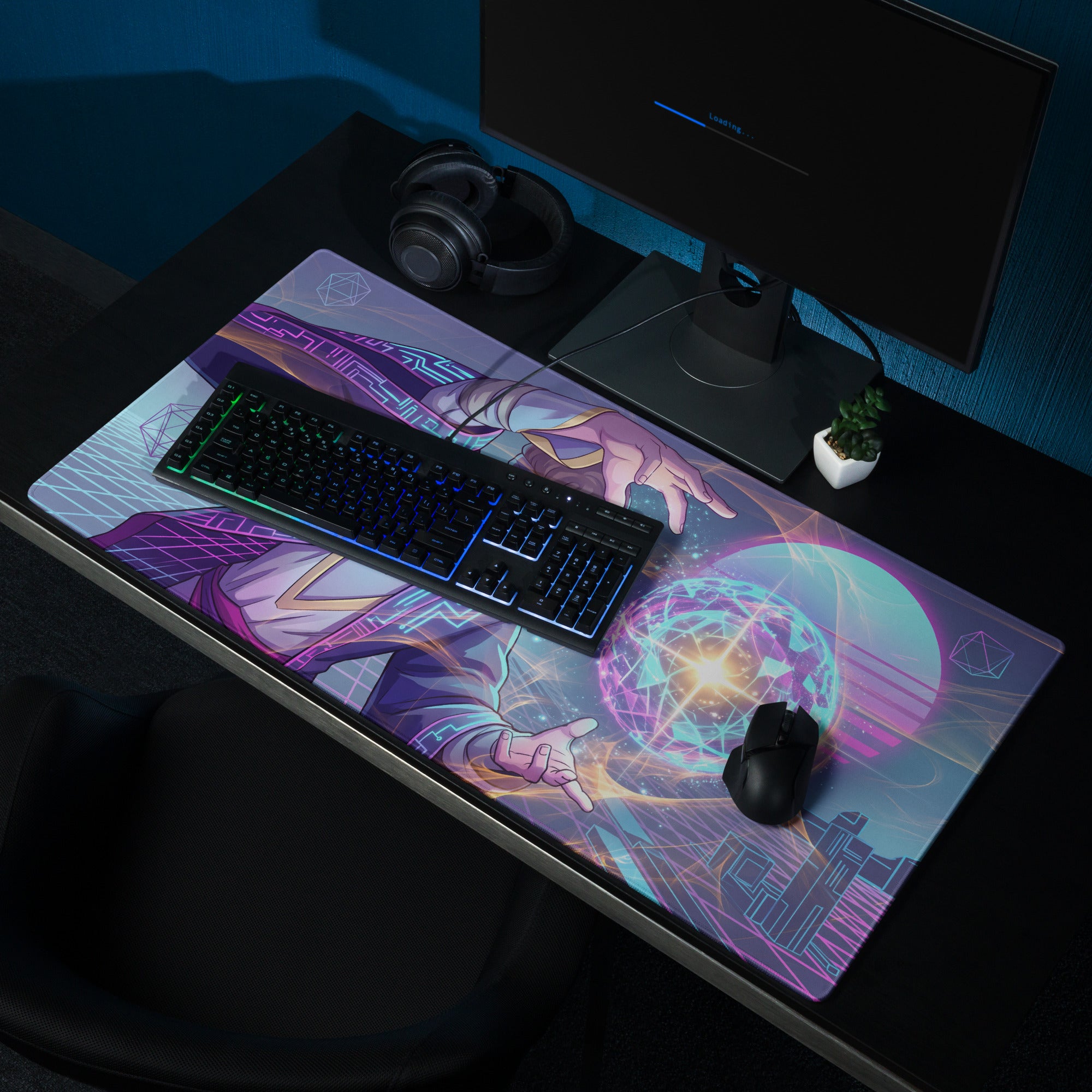 Vibrant purple and teal vaporwave neon mage gaming mouse pad with glowing energy orb design non slip large digital artwork