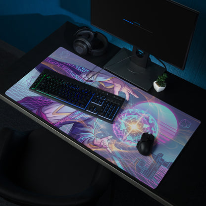 Vibrant purple and teal vaporwave neon mage gaming mouse pad with glowing energy orb design non slip large digital artwork