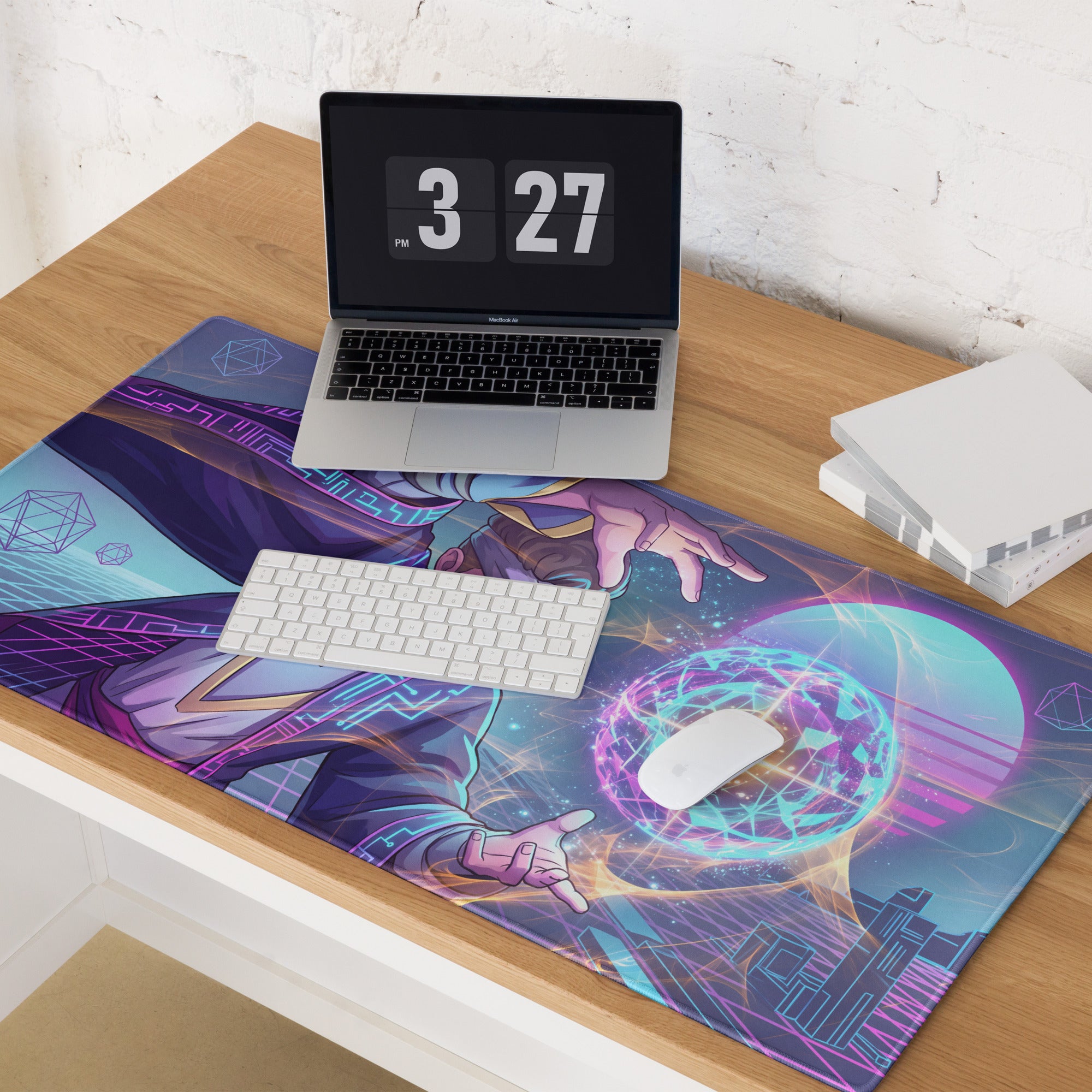 Vibrant purple and teal vaporwave neon mage gaming mousepad with futuristic character and glowing energy sphere design