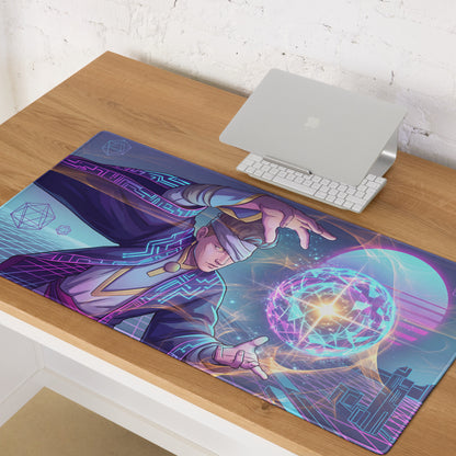 Vibrant purple and blue vaporwave neon mage gaming mouse pad with digital wizard artwork and non slip surface