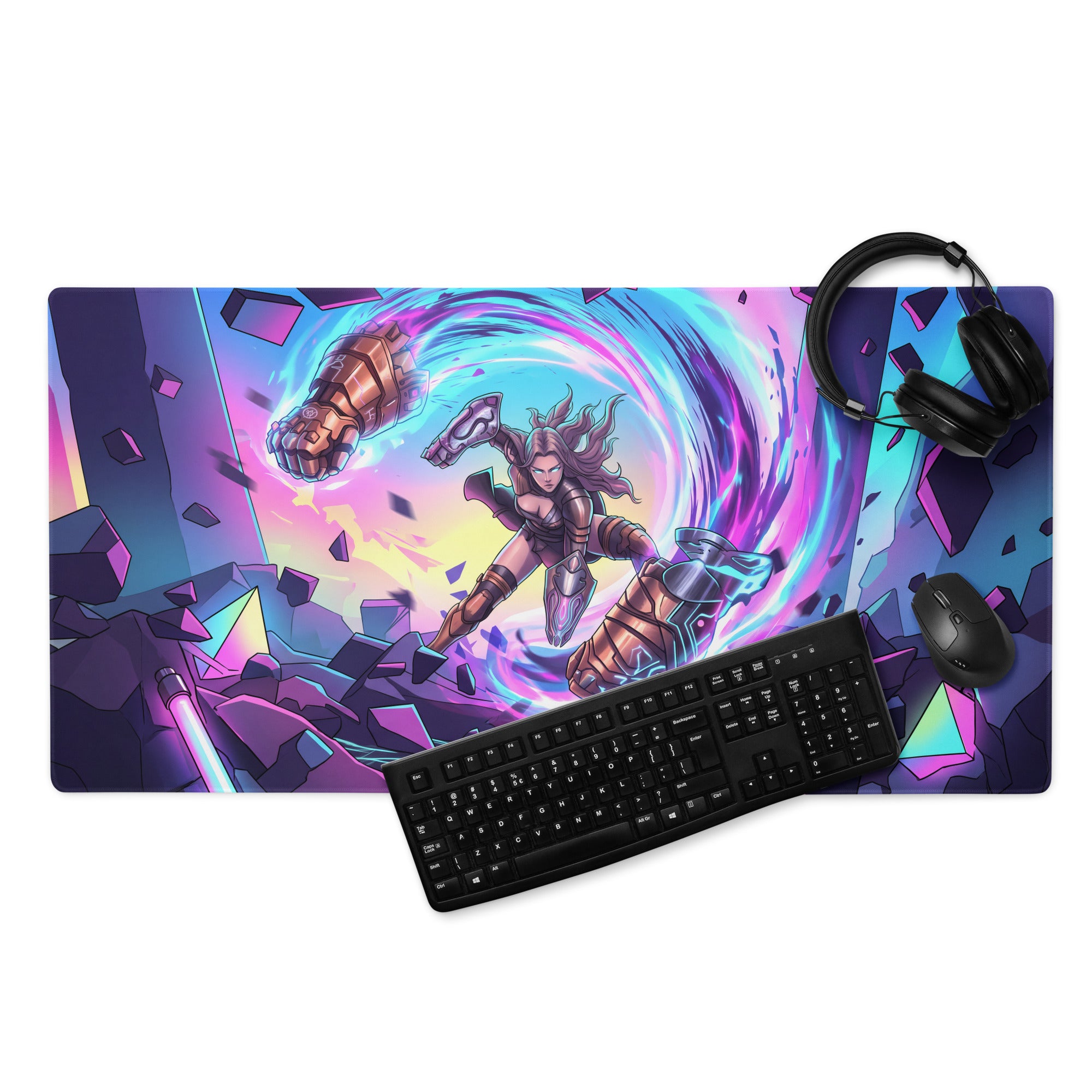 Vibrant purple and blue vaporwave neon warrior gaming mousepad featuring dynamic anime-inspired energy effects