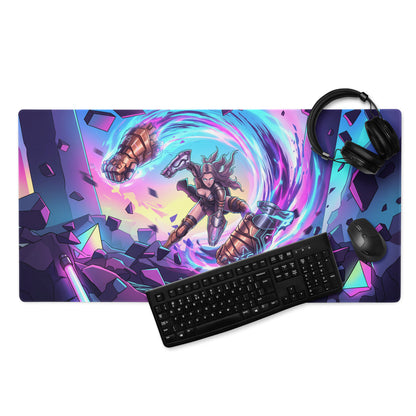 Vibrant purple and blue vaporwave neon warrior gaming mousepad featuring dynamic anime-inspired energy effects