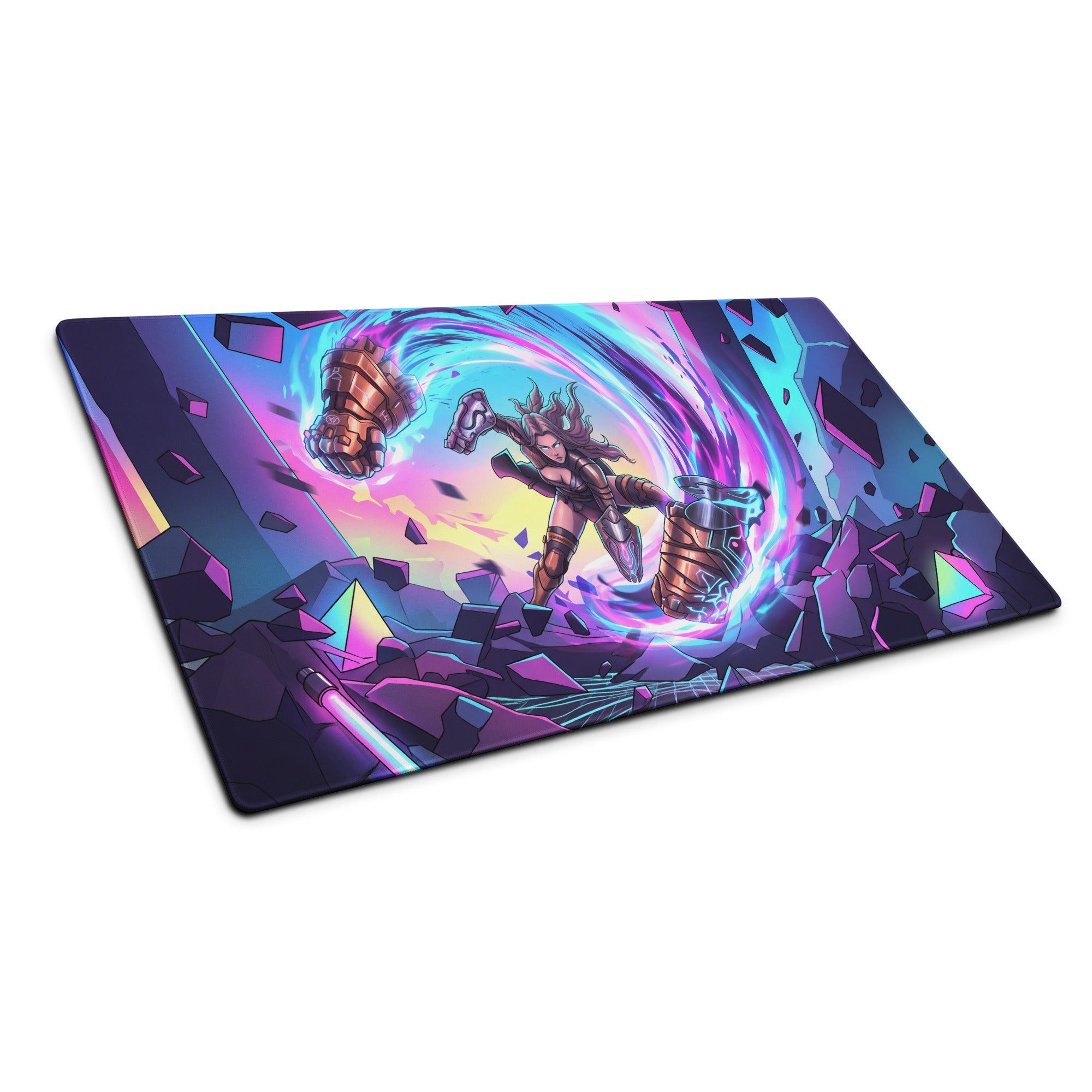 Vibrant vaporwave neon warrior gaming mouse pad with dynamic anime illustration in pink purple and blue colors