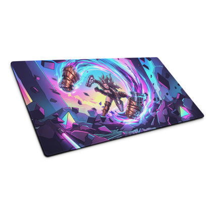 Vibrant vaporwave neon warrior gaming mouse pad with dynamic anime illustration in pink purple and blue colors