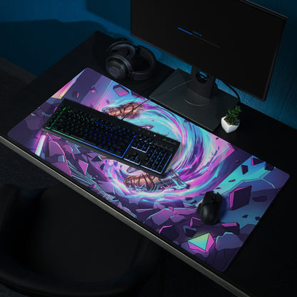 Vaporwave neon warrior gaming mouse pad with vibrant purple and teal shattered glass cosmic design for anime fans