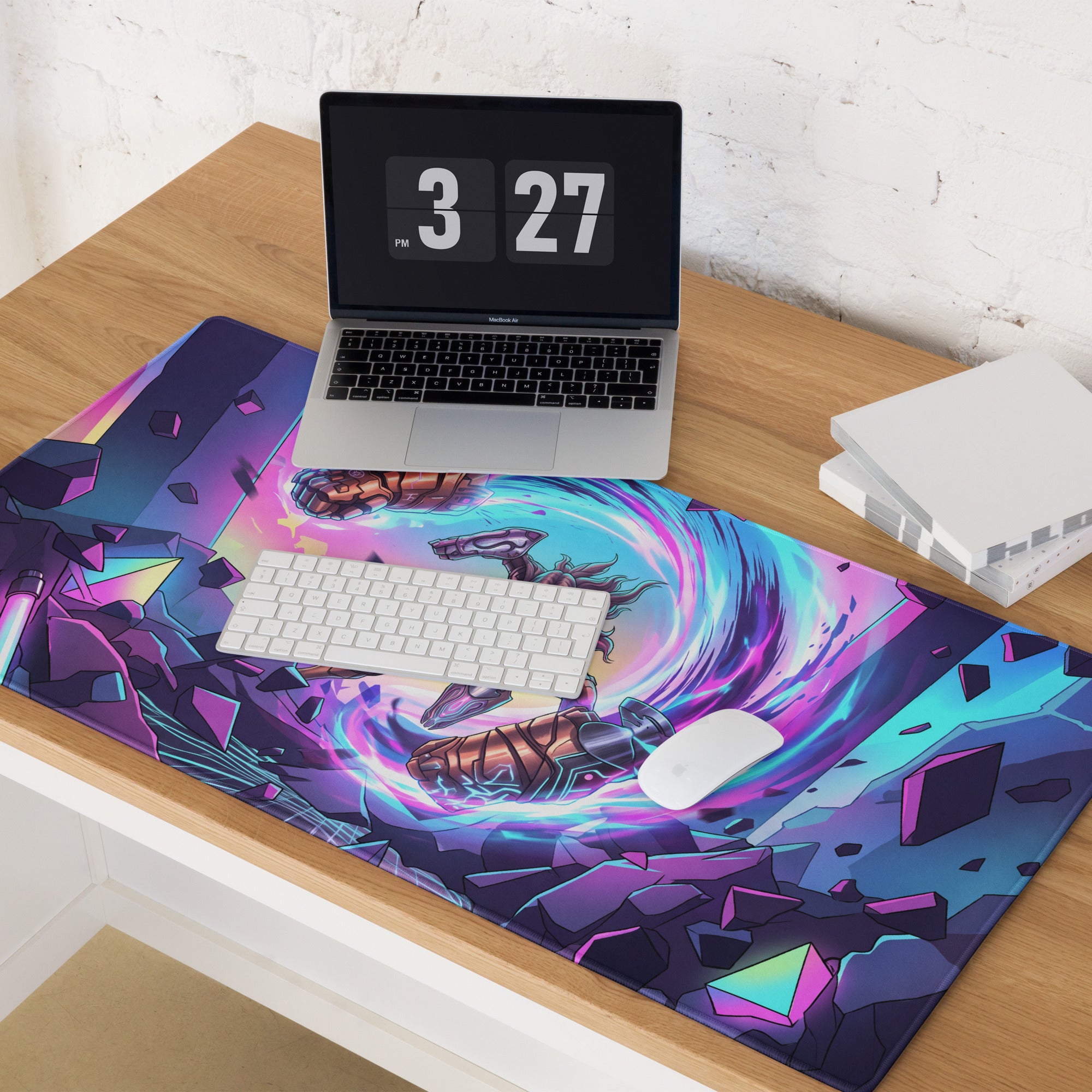 Vibrant purple and blue vaporwave neon warrior gaming mousepad with dynamic armored figures and shattered shapes design