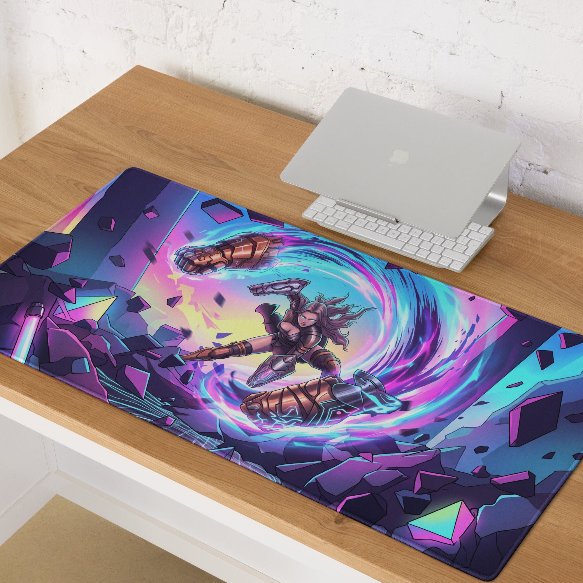 Vibrant purple and blue neon vaporwave warrior mouse pad featuring dynamic anime character and shattered geometric shapes