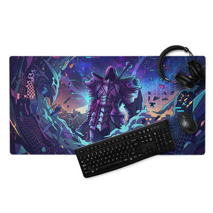 Neon vaporwave gaming mouse pad with vibrant purple and teal digital art of a hooded warrior in futuristic armor