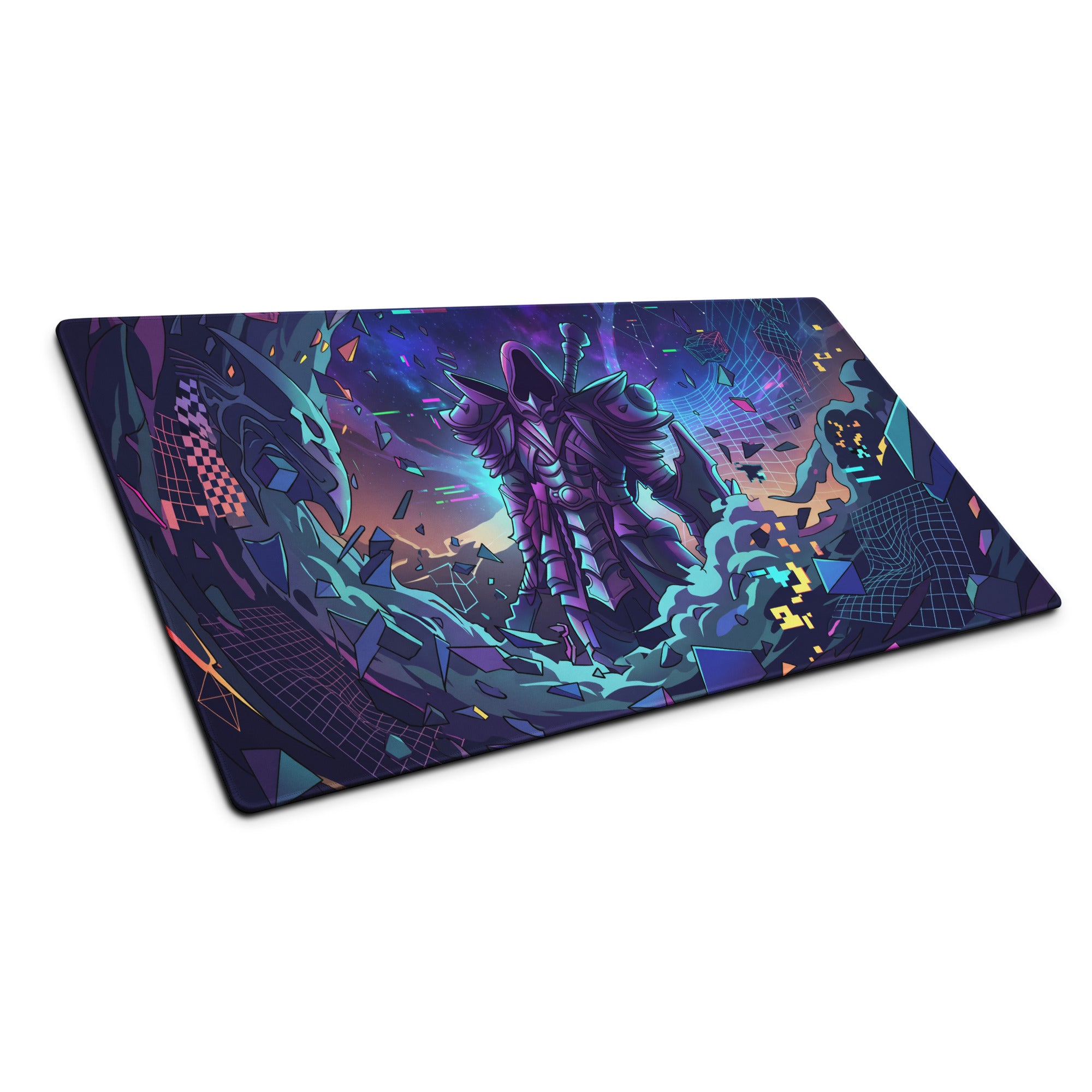 Neon vaporwave gaming mouse pad with vibrant purple and teal digital art of armored warrior and shattered fragments