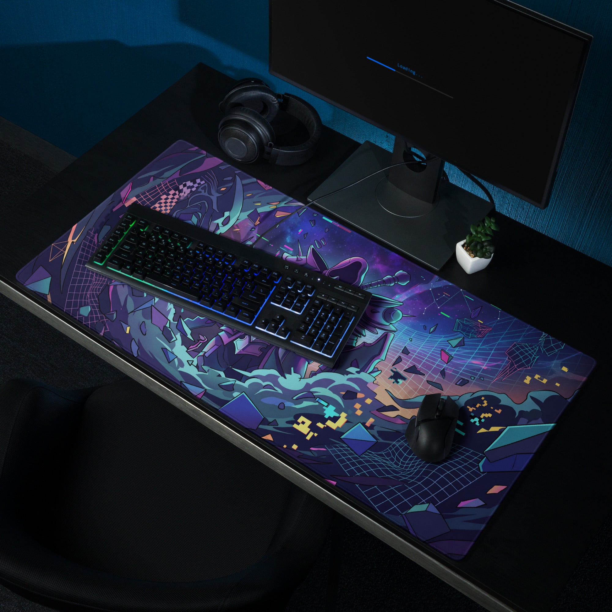 Neon vaporwave gaming mouse pad with vibrant purple and teal pixelated digital art and futuristic geometric design