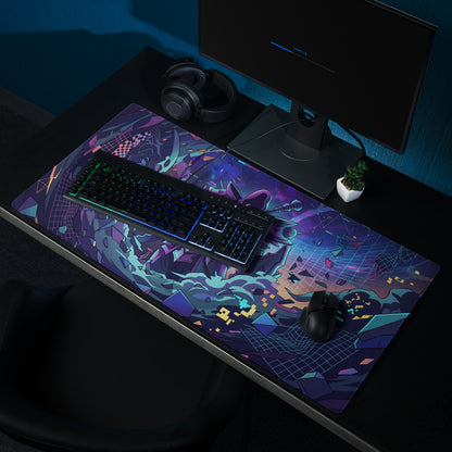 Neon vaporwave gaming mouse pad with vibrant purple and teal pixelated digital art and futuristic geometric design