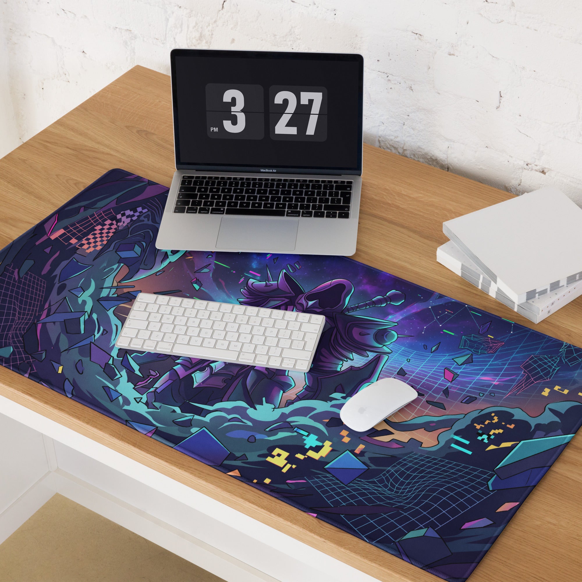 Neon vaporwave gaming mouse pad with vibrant purple and teal cyberpunk digital art for gaming desks