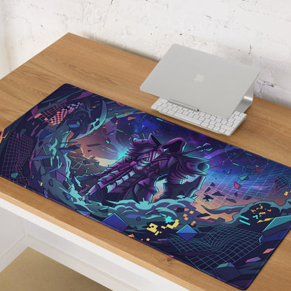 A vibrant neon vaporwave gaming mouse pad with armored figure digital art in pink purple and teal colors