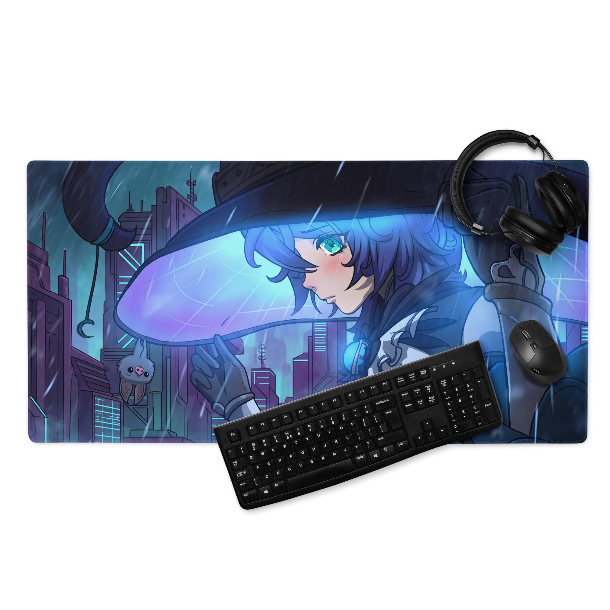 Vaporwave neon city gamer pad mouse pad in blue and purple featuring anime character with glowing green eyes in rainy cityscape