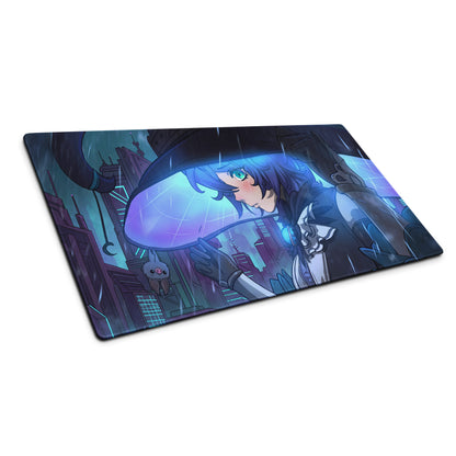 Rectangular vaporwave neon city gaming mouse pad with anime character and glowing green eyes on rainy purple cityscape