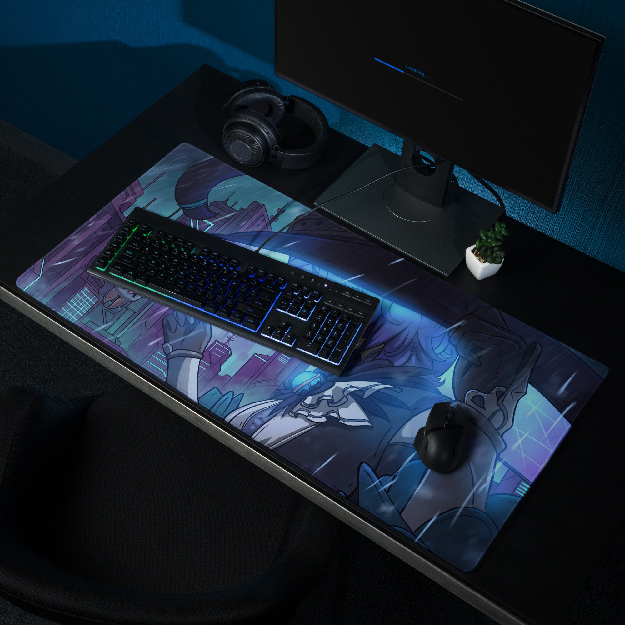 Vibrant anime-themed vaporwave neon city gaming mousepad with blue and purple hues for futuristic desk decor