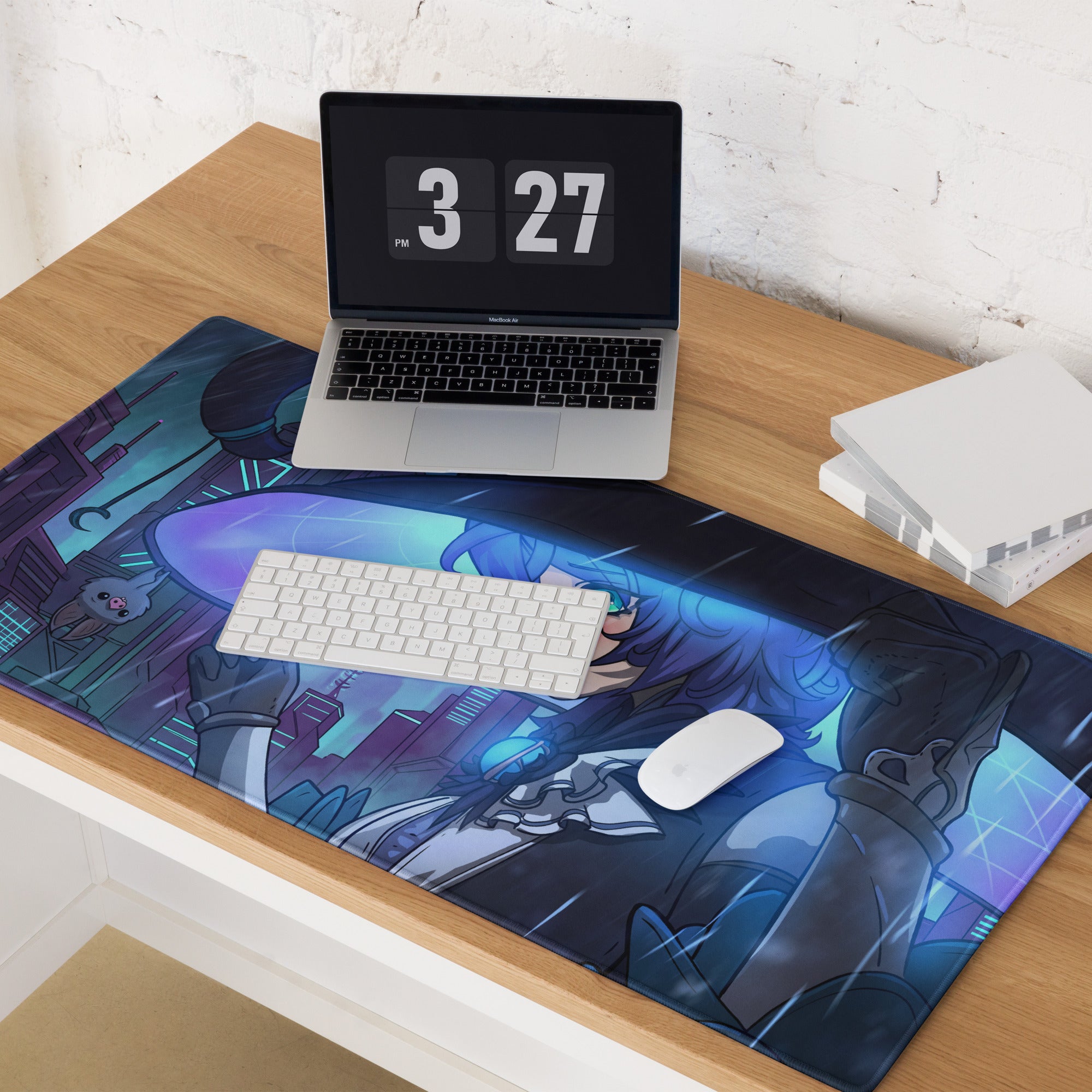 Vaporwave neon city gaming mousepad in blue and purple with long dark hair character in futuristic cityscape design