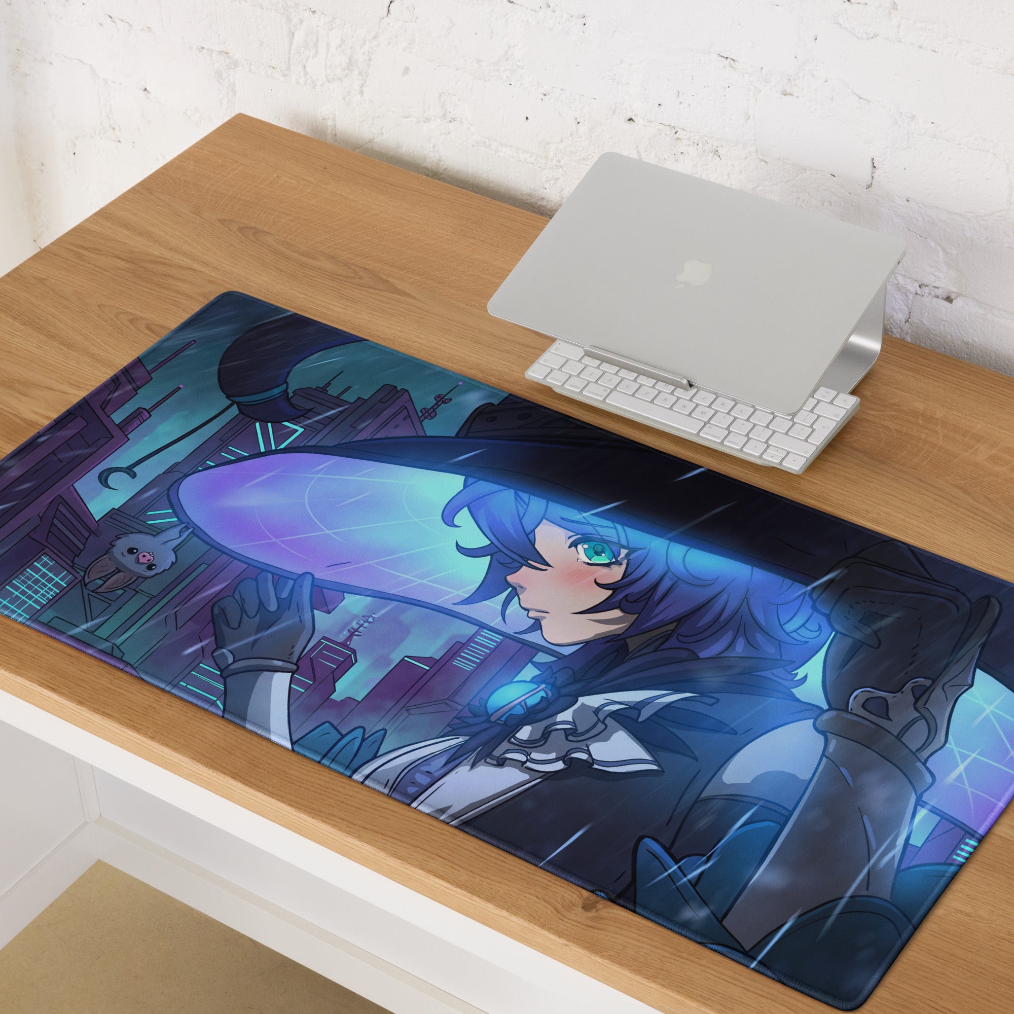 Blue and purple anime character-themed gaming mousepad with glossy finish vaporwave neon city design for gaming desk