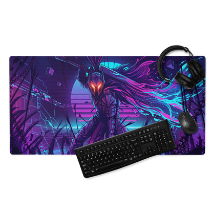 Neon knight vaporwave mouse pad with vibrant purple and neon blue featuring armored warrior and cyberpunk design