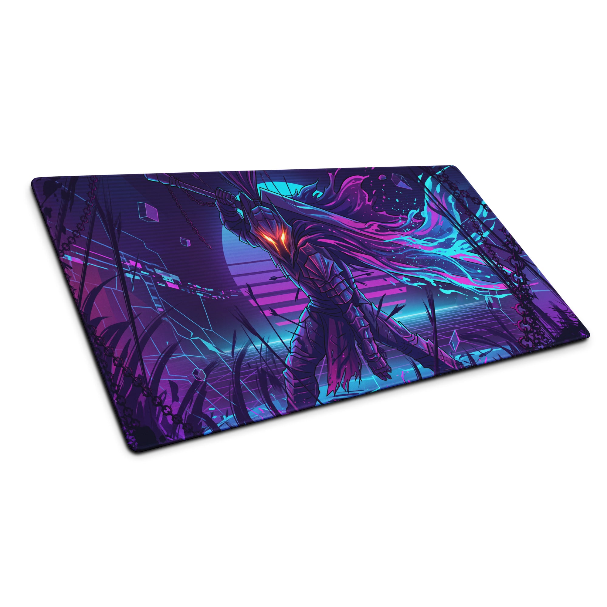 Neon knight vaporwave mouse pad with vibrant neon purple and cyan anime warrior design on a cyberpunk backdrop