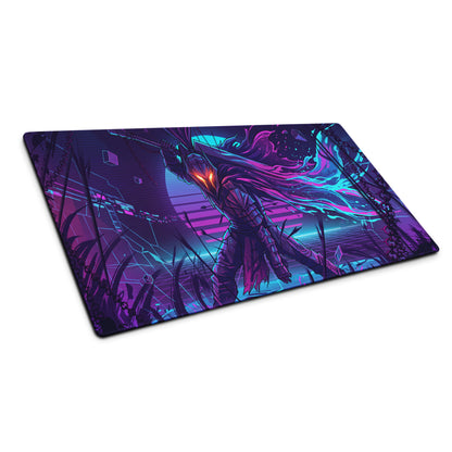 Neon knight vaporwave mouse pad with vibrant neon purple and cyan anime warrior design on a cyberpunk backdrop