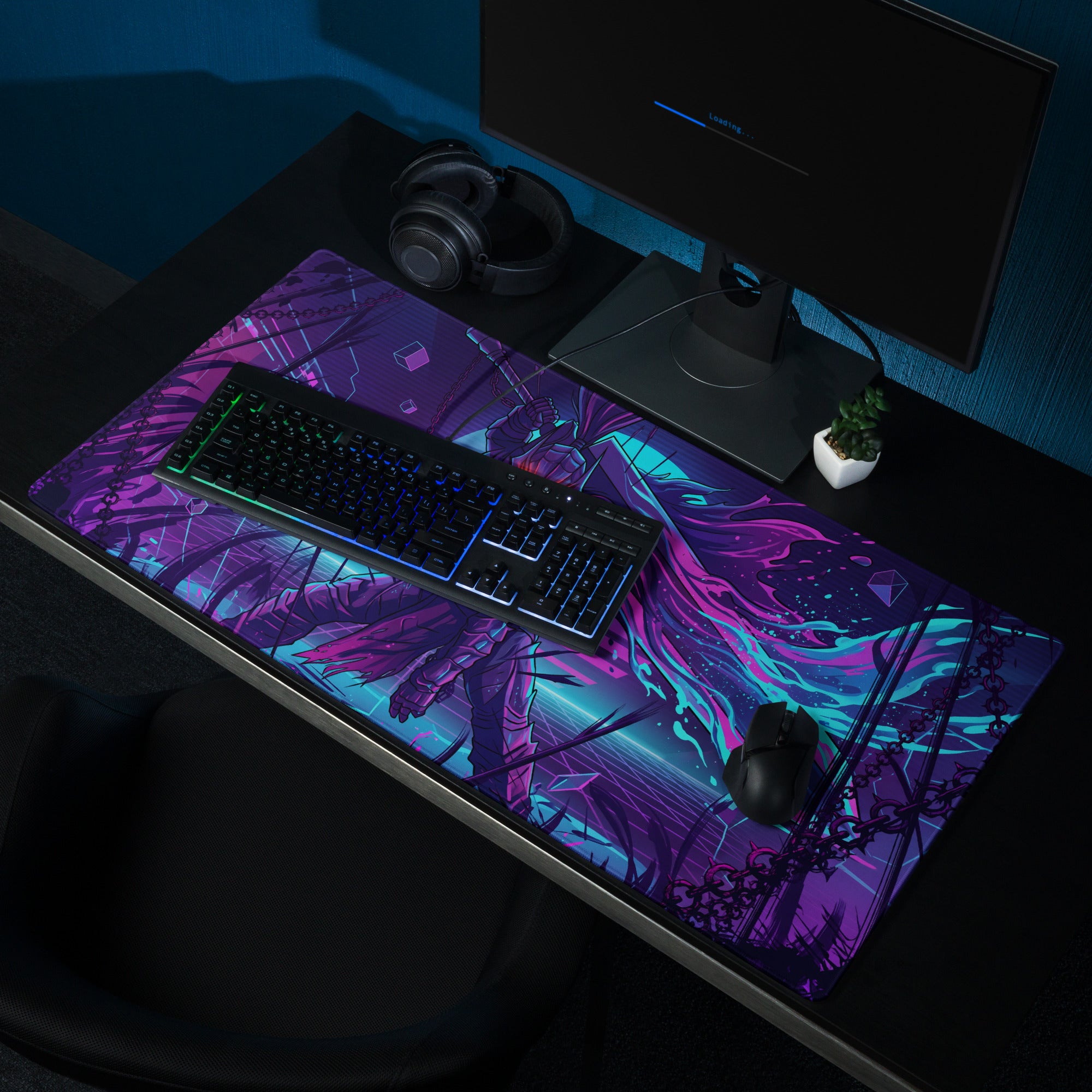 Neon knight vaporwave mouse pad with vibrant purple and teal colors featuring dynamic anime character design