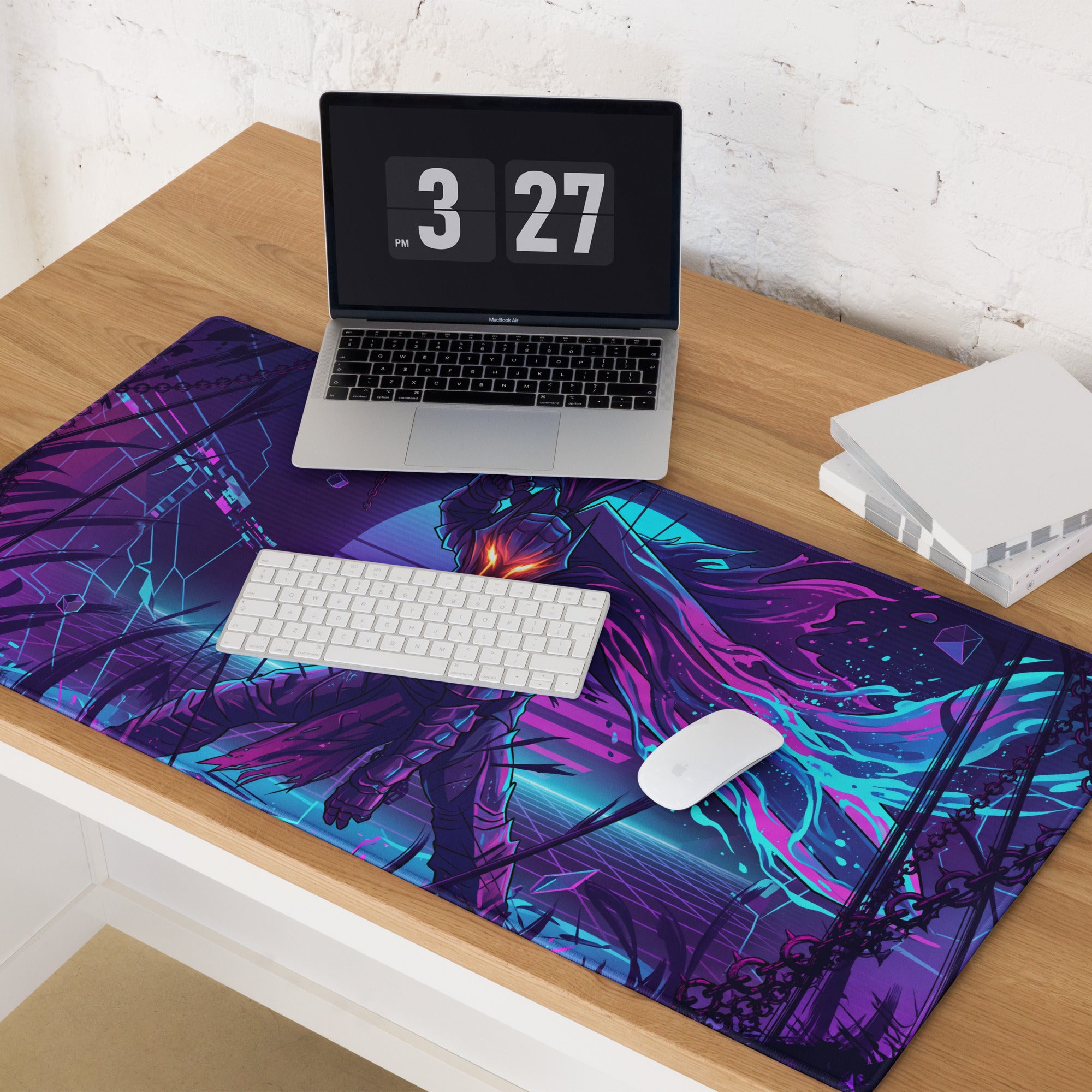 Vibrant purple and cyan neon-themed gaming mouse pad featuring a stylized anime character with glowing orange accents