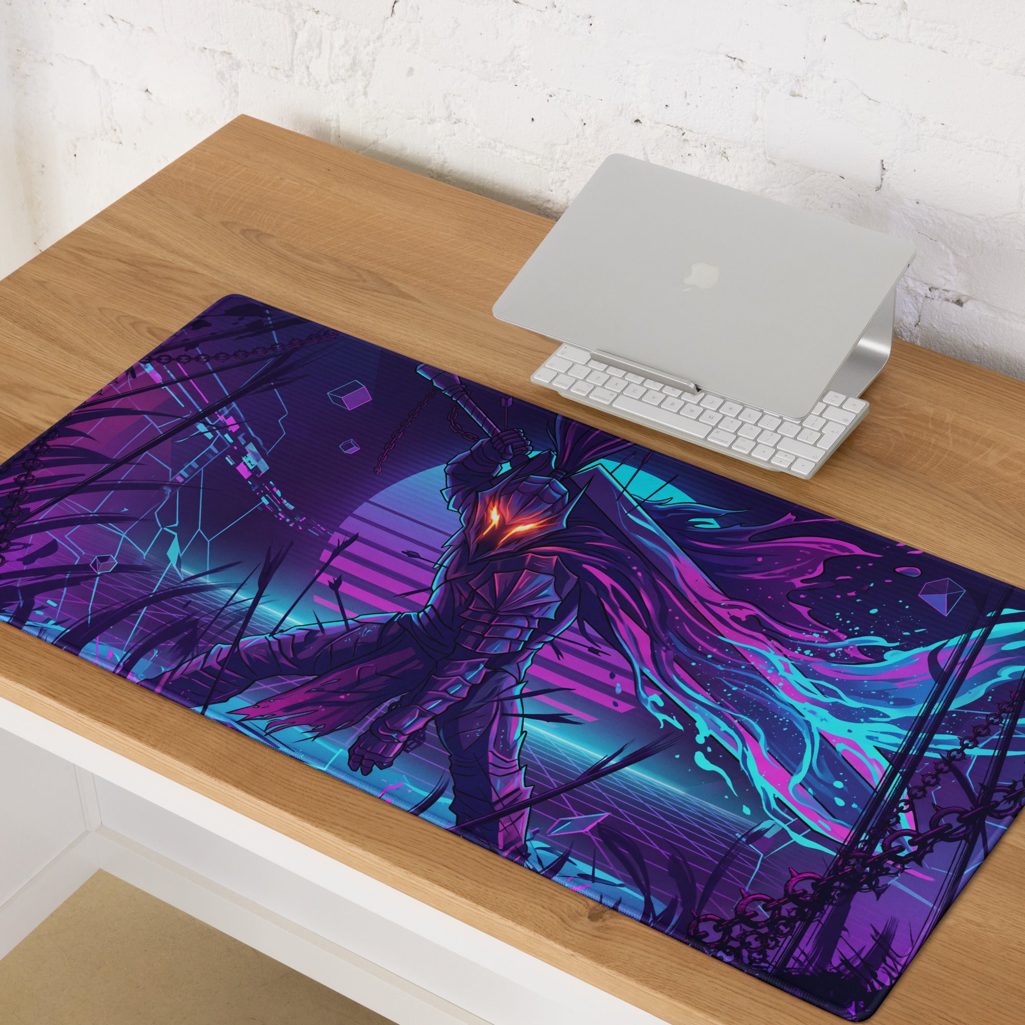 Neon knight vaporwave mouse pad with vibrant purple and cyan neon colors featuring an armored figure and digital landscape