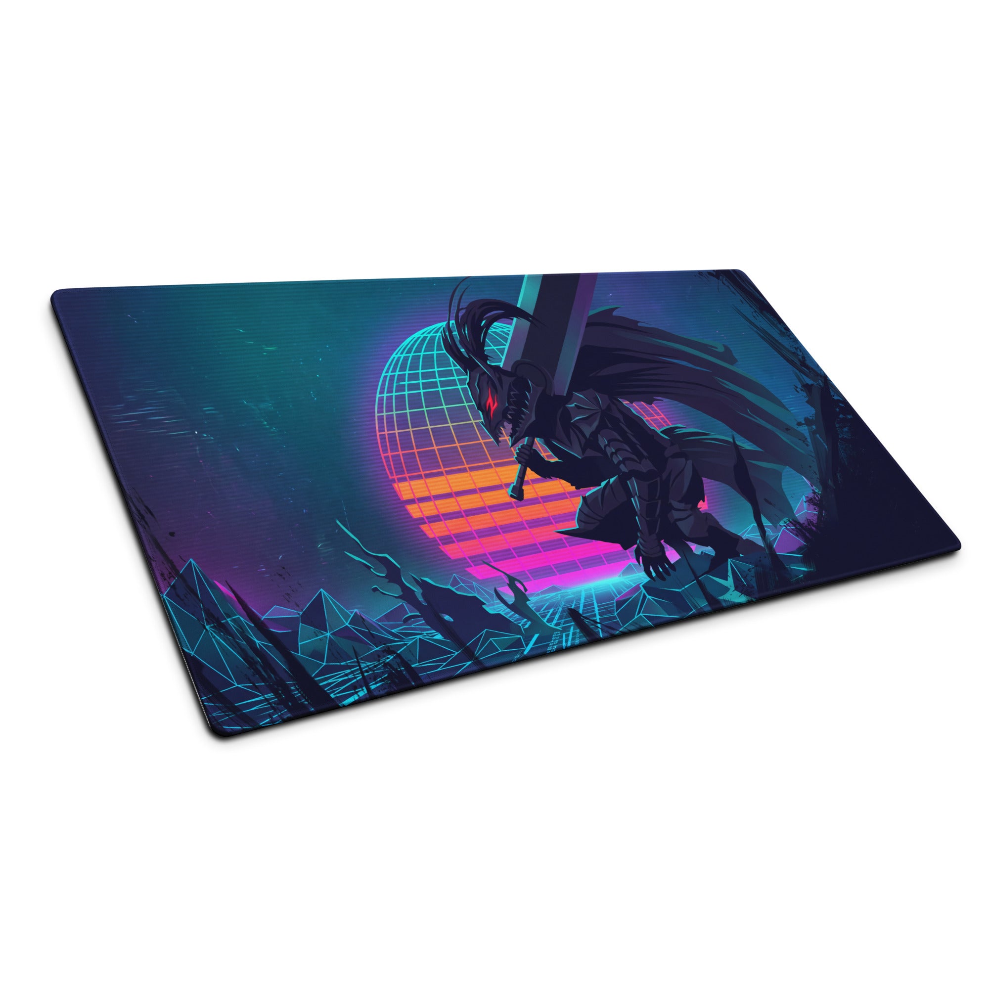 Vaporwave dragon neon gaming mouse pad with ninjago dark dragon design and vibrant retro-futuristic sunset colors