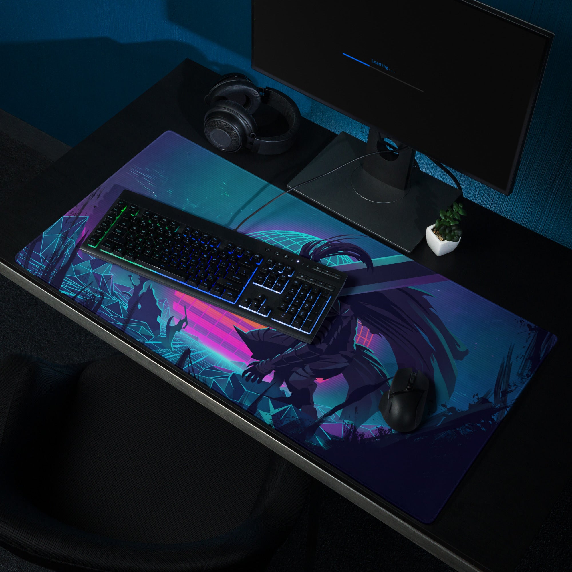 Navy blue and purple anime-themed vaporwave dragon neon gaming mouse pad with glowing geometric design for cyberpunk decor
