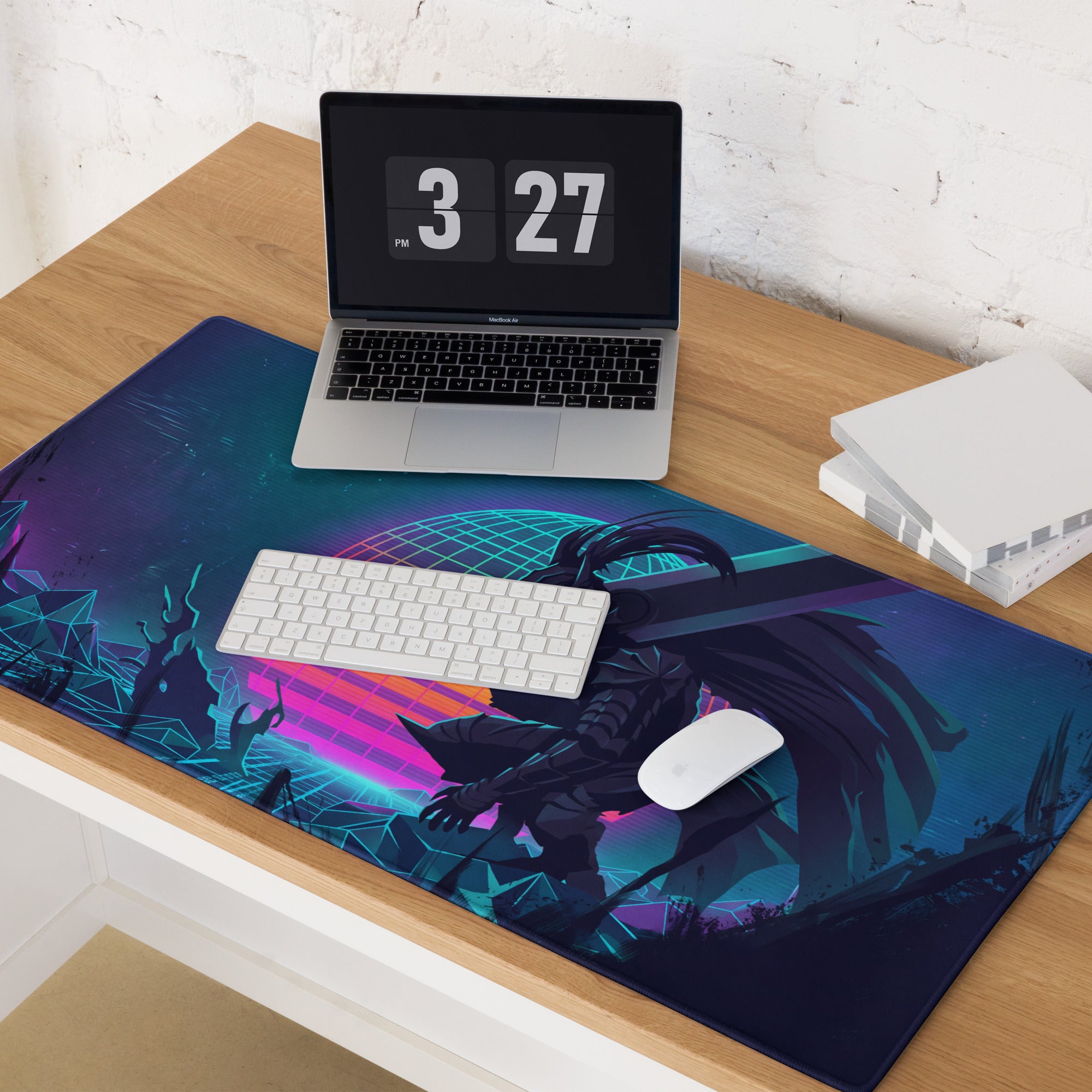 Narrow rectangular vaporwave dragon neon gaming mouse pad with vibrant pink cyan cyberpunk warrior design