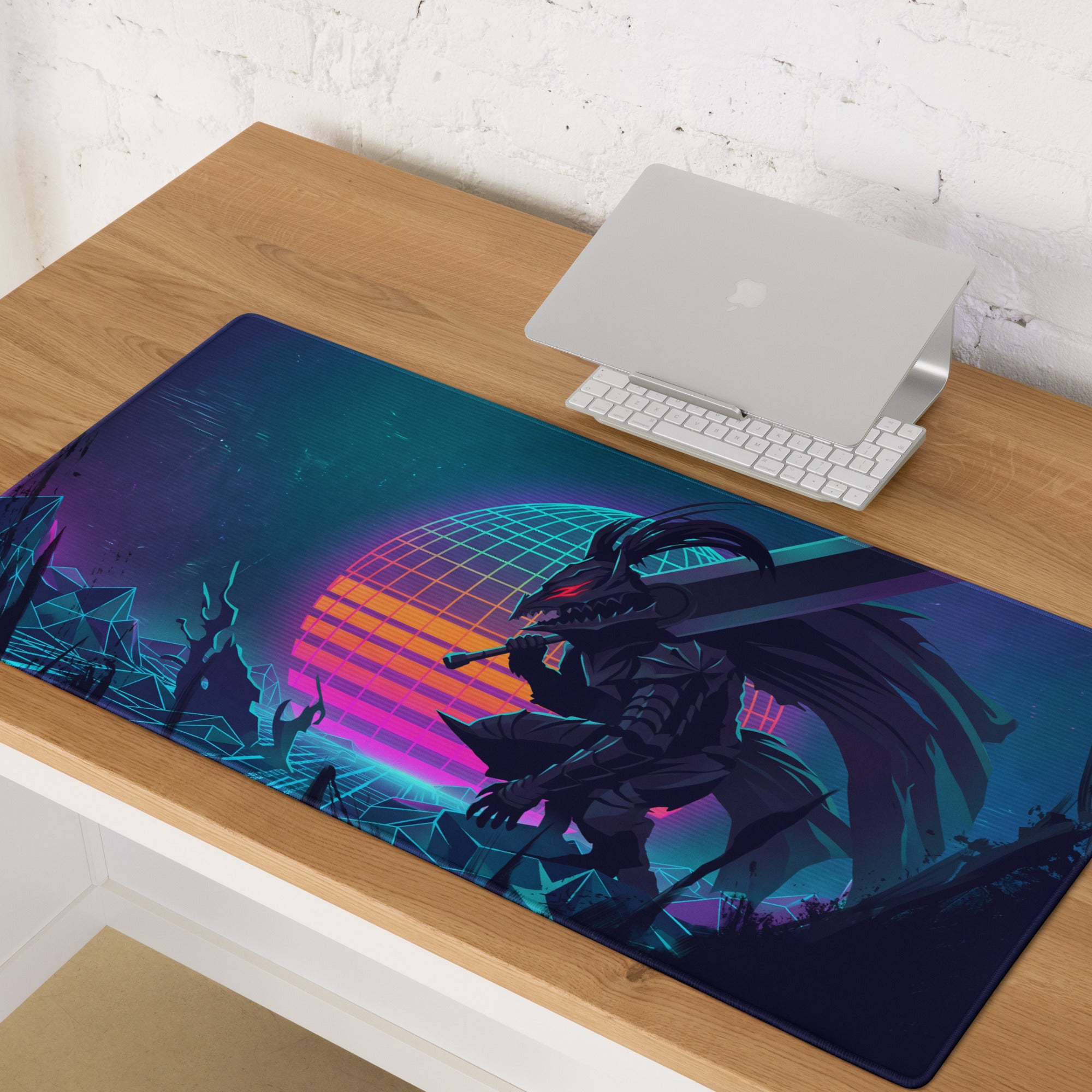 Narrow rectangular vaporwave dragon neon gaming mouse pad with dark fantasy dragon and vibrant retro-futuristic colors