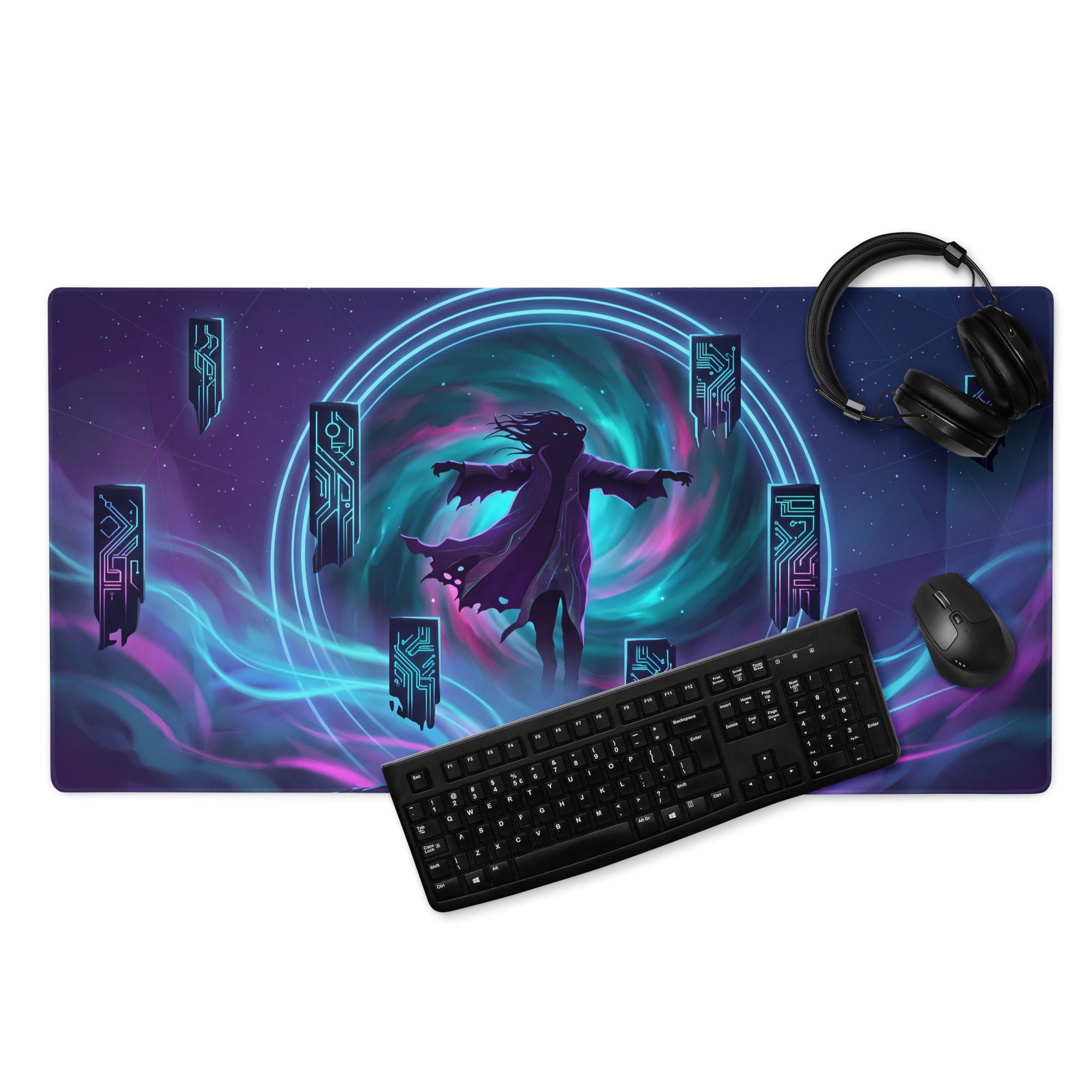 Vaporwave neon gaming mouse pad in purple and teal with a cosmic figure and glowing circuitry for desk use