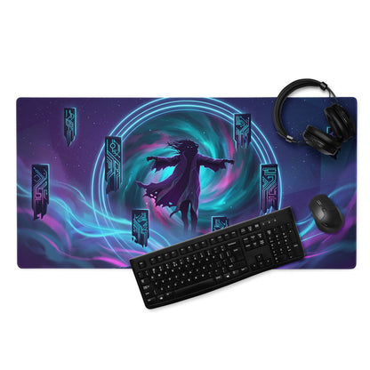 Vaporwave neon gaming mouse pad in purple and teal with a cosmic figure and glowing circuitry for desk use