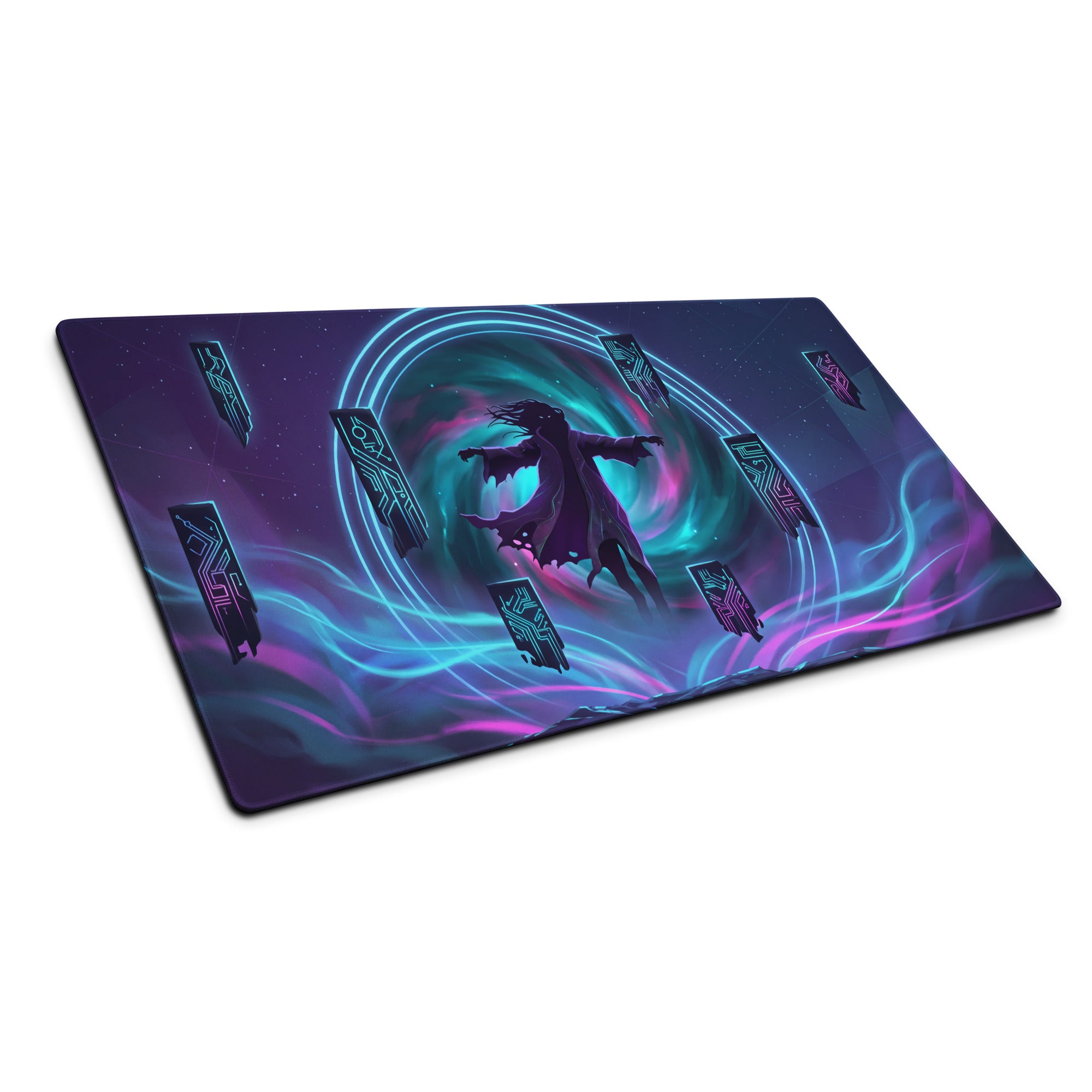 Vibrant purple and teal vaporwave neon gaming mouse pad with cosmic design and glowing circular patterns for desk use