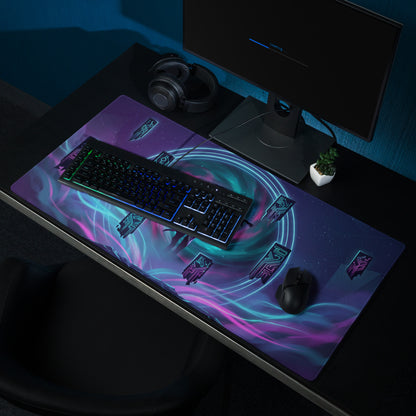 Vaporwave neon gaming mouse pad with vibrant purple and teal cosmic design glowing circuit patterns and digital icons
