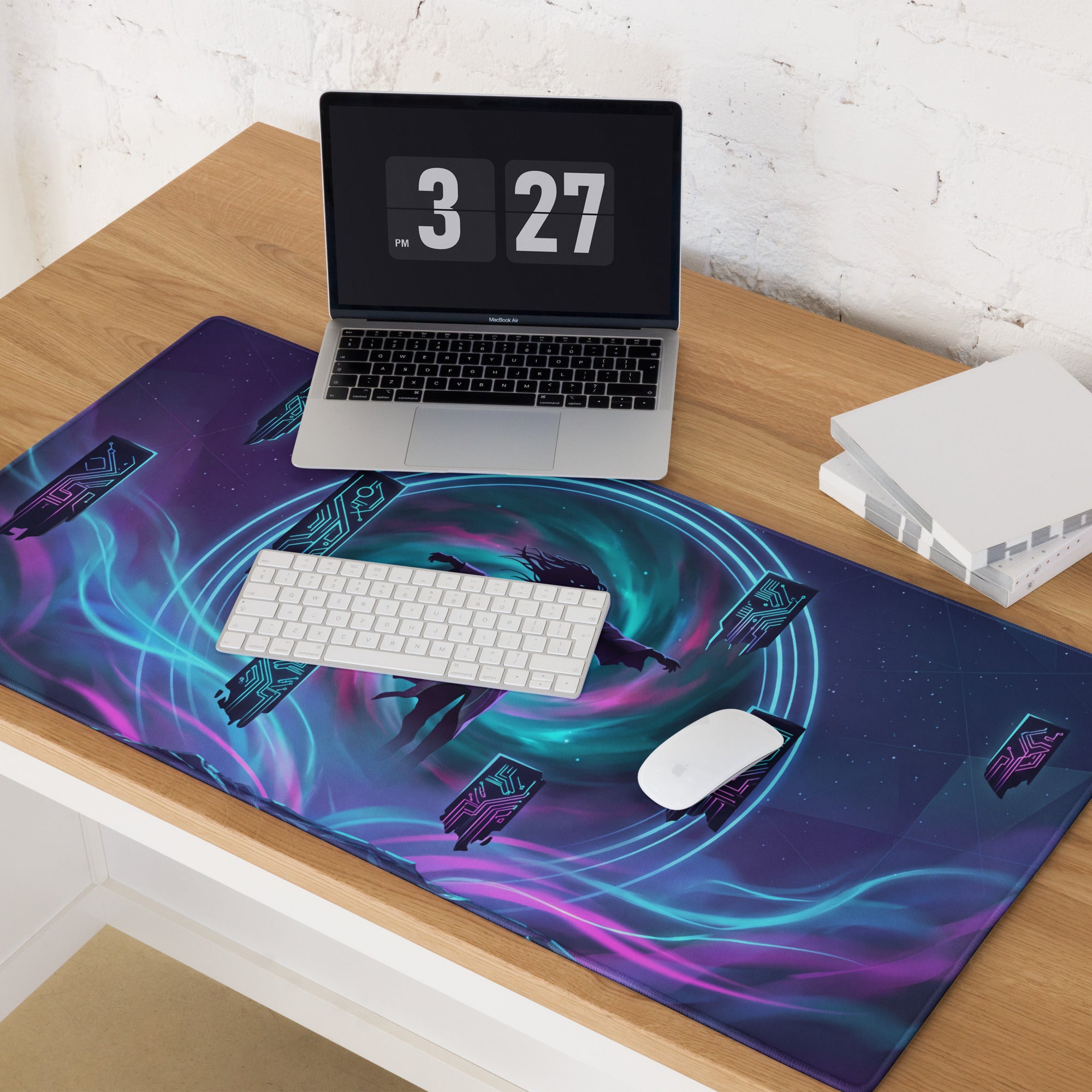 Vibrant purple and teal vaporwave neon gaming mouse pad with futuristic character and glowing circuit patterns