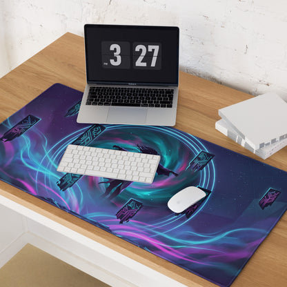 Vibrant purple and teal vaporwave neon gaming mouse pad with futuristic character and glowing circuit patterns
