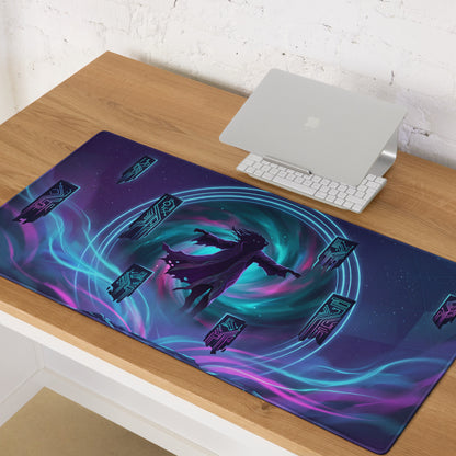 Vaporwave neon gaming mouse pad in vibrant purple and teal with cosmic figure and glowing energy rings design