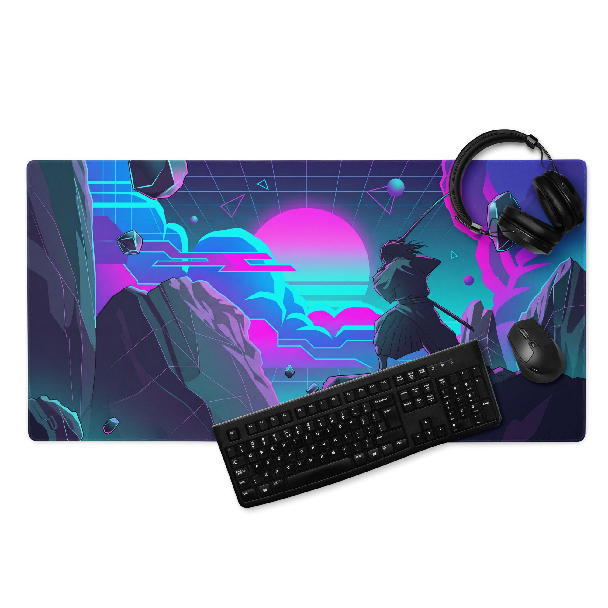 Neon vaporwave mouse pad with vibrant pink and cyan cyberpunk warrior silhouette and geometric shapes for gaming desk decor
