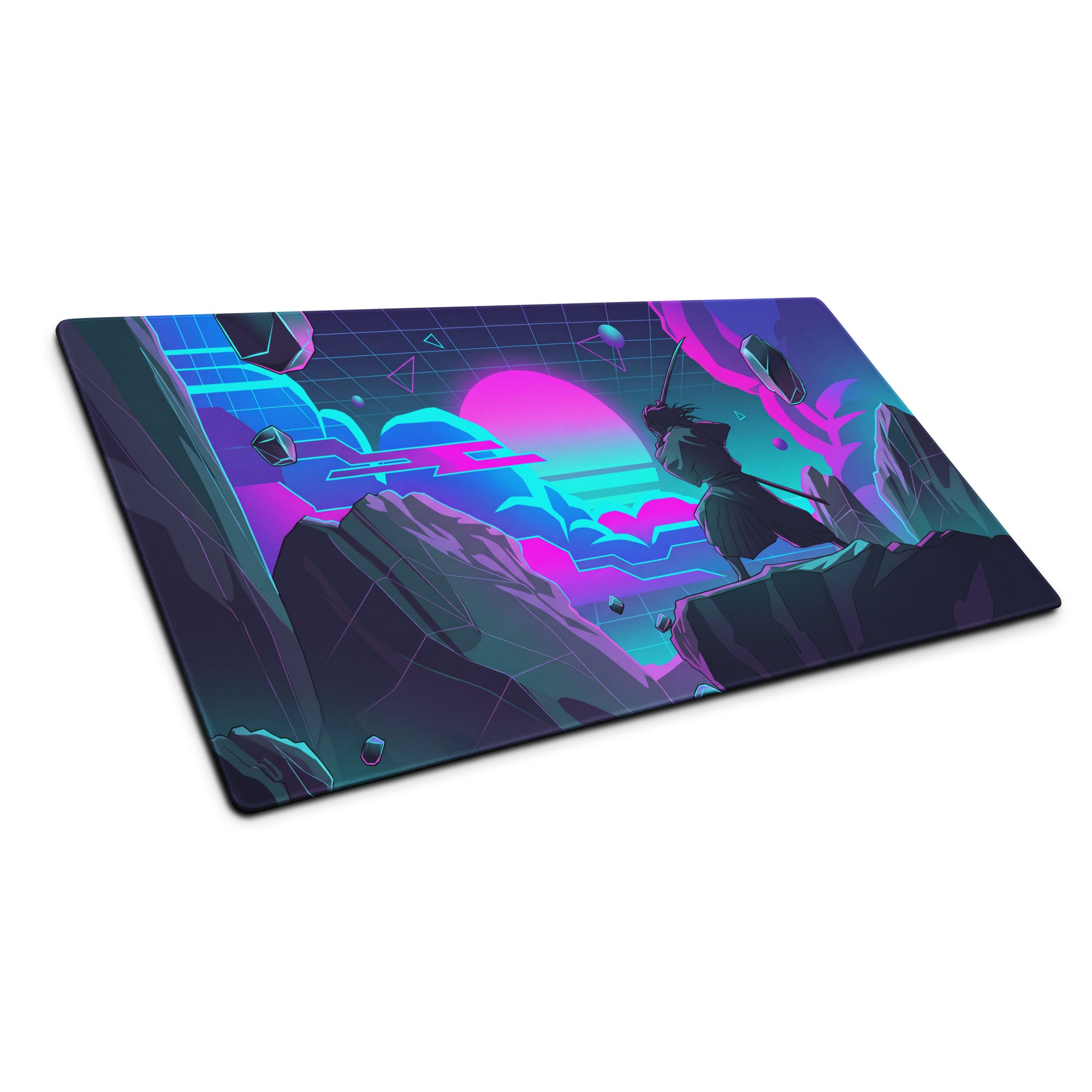 Neon vaporwave mouse pad featuring a vibrant pink and cyan cyberpunk warrior silhouette on rocky terrain for gaming desks