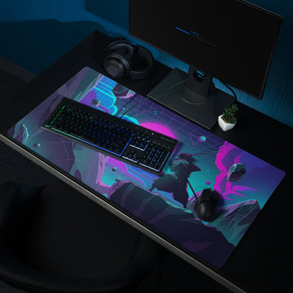 Naruto-themed neon vaporwave mouse pad with vibrant purple pink cyan cyberpunk design on rocky terrain for gaming desk