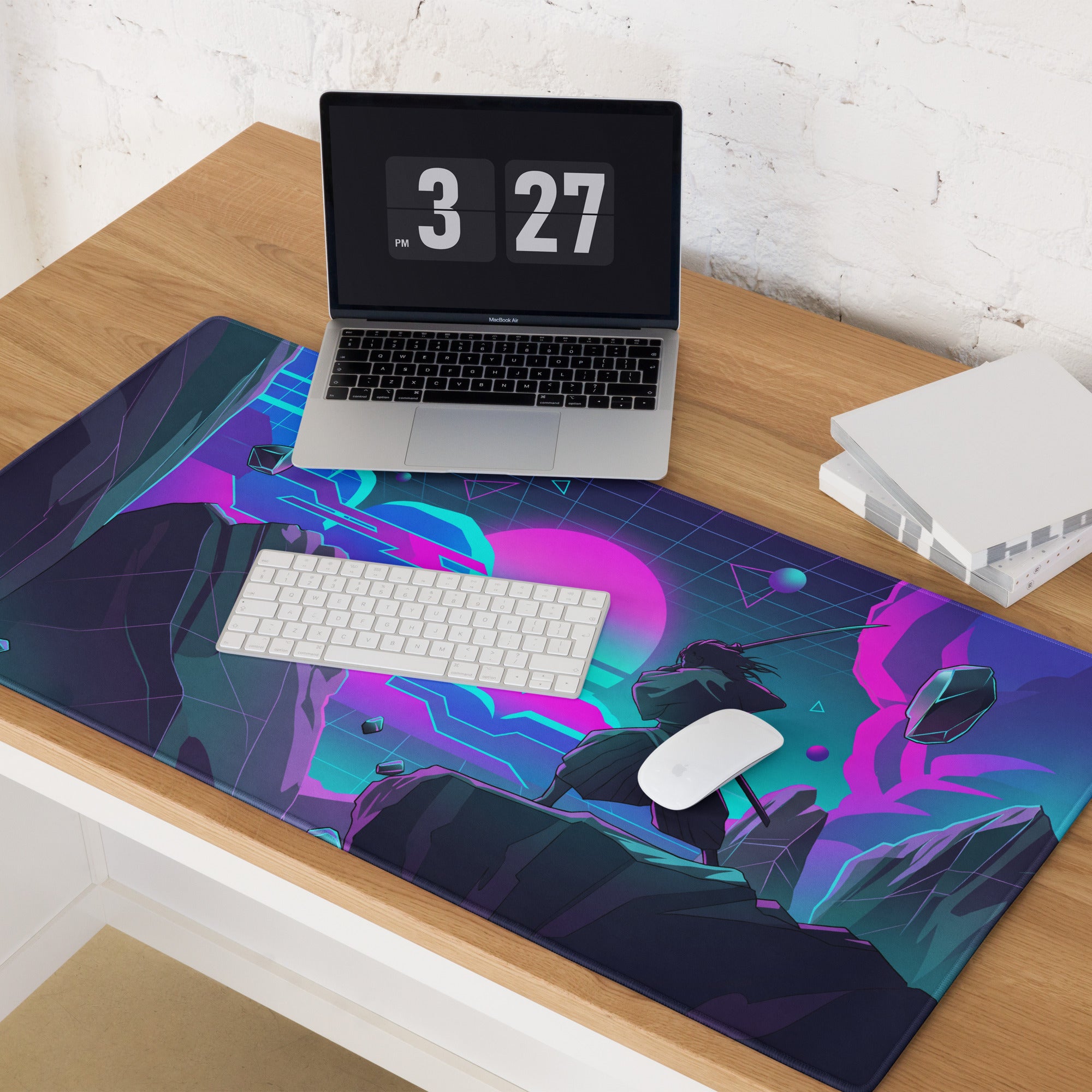 Neon vaporwave gaming mouse pad with neon pink cyan cyberpunk anime design and glowing geometric shapes for desk decor