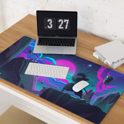 Neon vaporwave gaming mouse pad with neon pink cyan cyberpunk anime design and glowing geometric shapes for desk decor