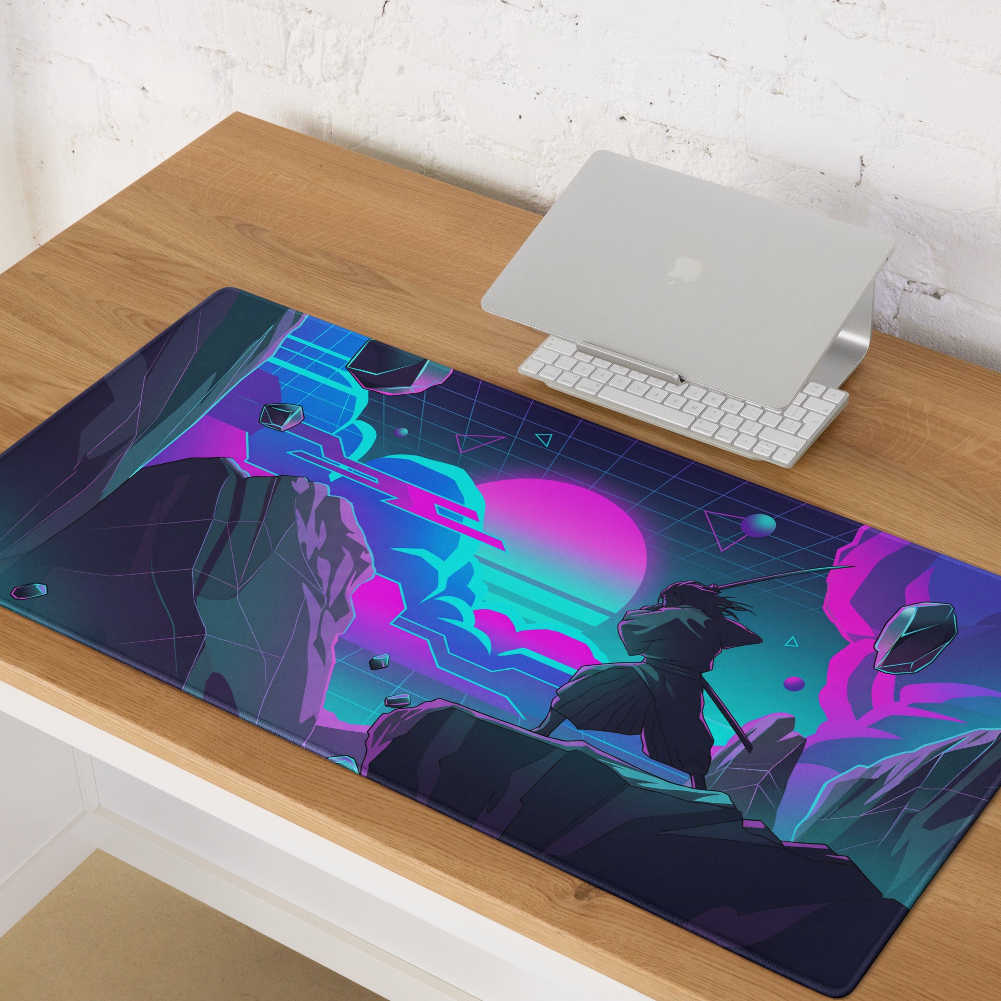 Neon vaporwave mouse pad with navy blue and purple neon cyberpunk design featuring floating rocks and glowing spheres