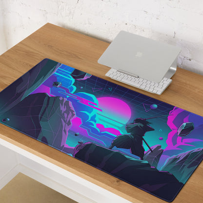 Neon vaporwave mouse pad with navy blue and purple neon cyberpunk design featuring floating rocks and glowing spheres