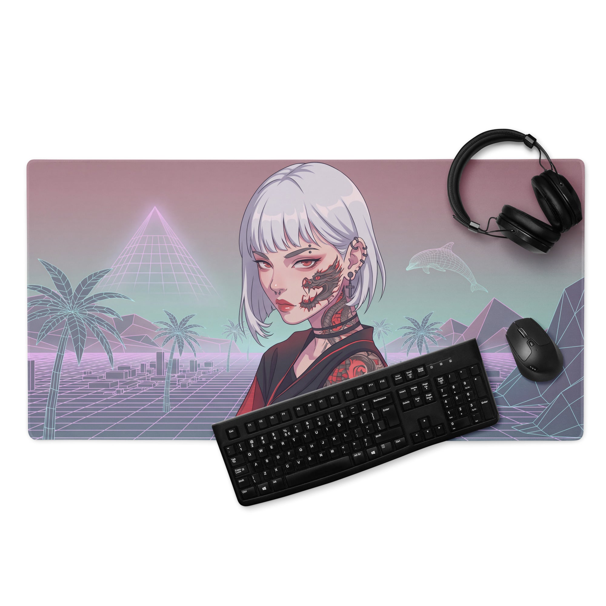 Vaporwave Neon Desk Pad - Girl Portrait Purple Pink Teal Desk Mat Vaporwave Mood Dreamy Synthwave Decor Style Gaming Pad