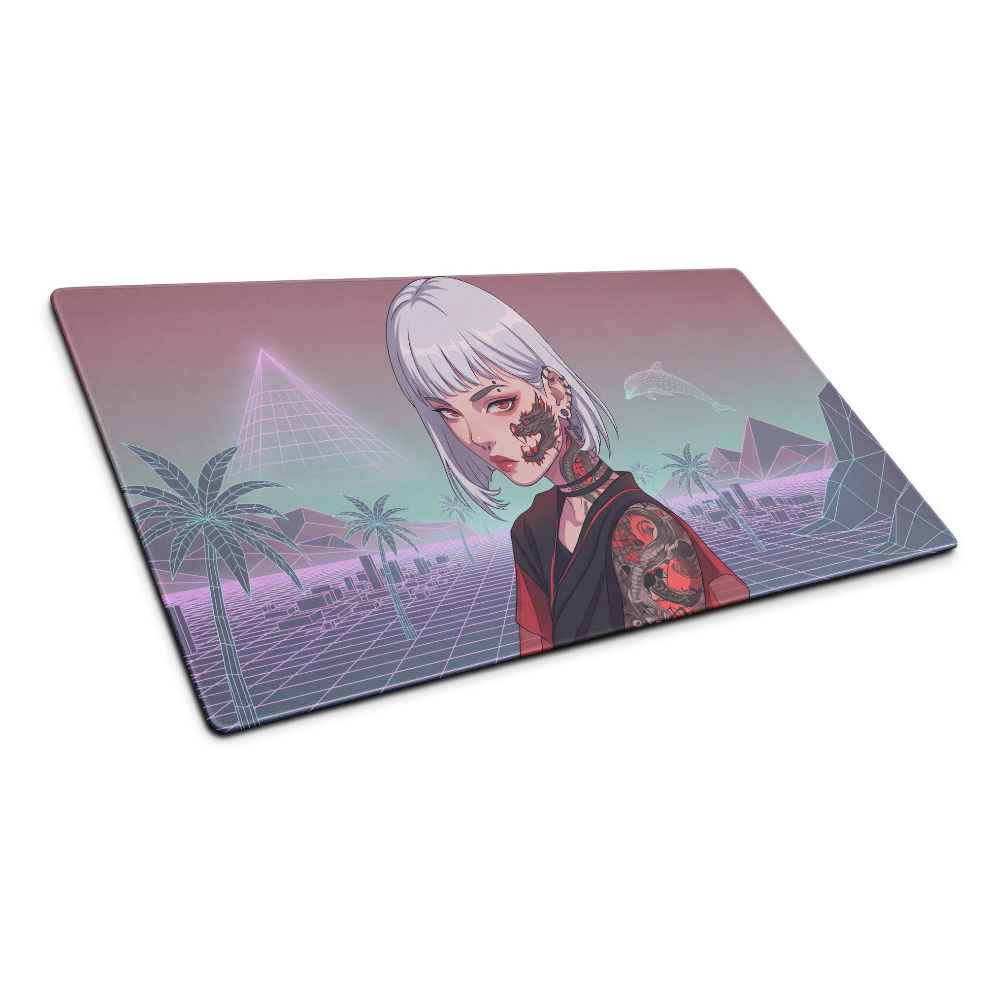Rectangular vaporwave neon desk pad with silver-haired anime girl tattoo design in purple pink teal for gaming setup