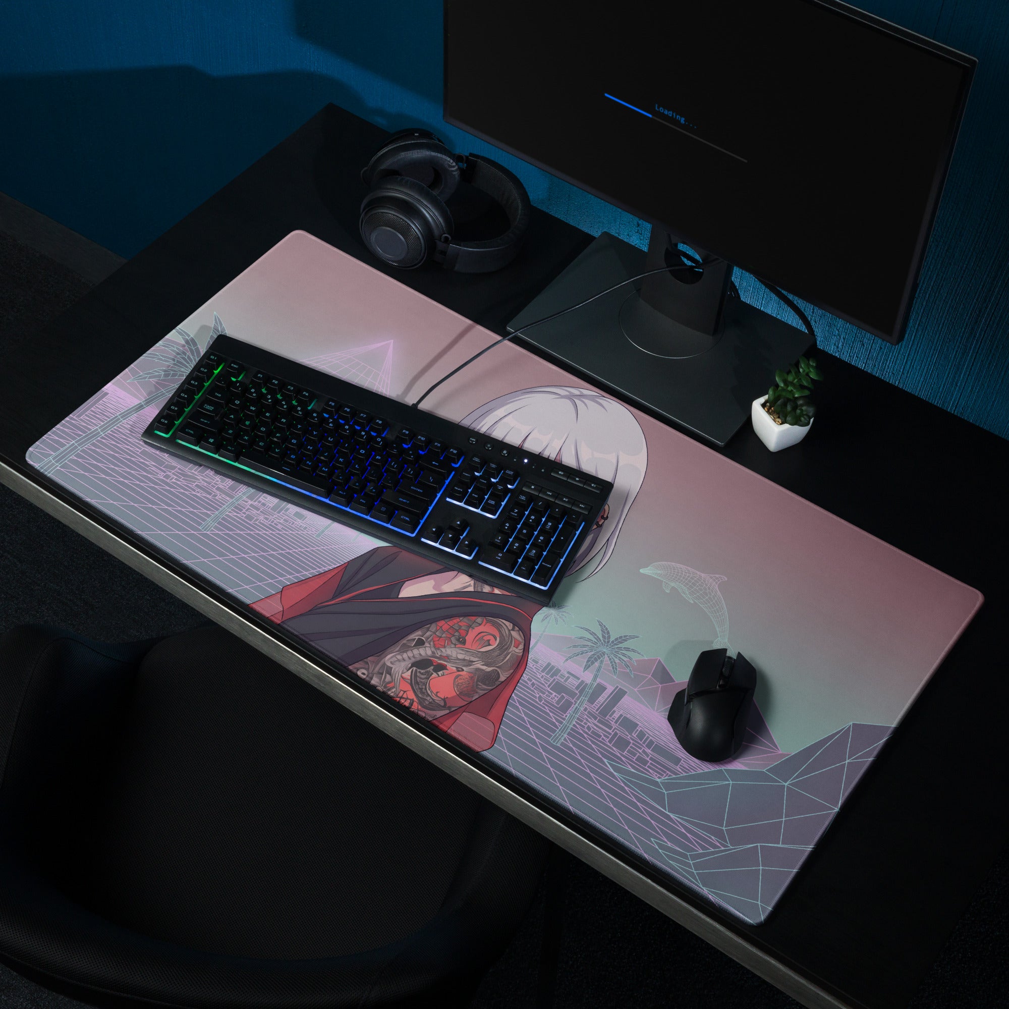 Rectangular vaporwave neon desk pad featuring a stylized anime girl with white hair red clothing and tattoos on pink teal background