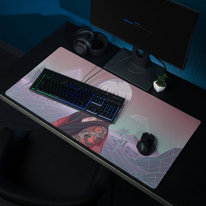 Rectangular vaporwave neon desk pad featuring a stylized anime girl with white hair red clothing and tattoos on pink teal background